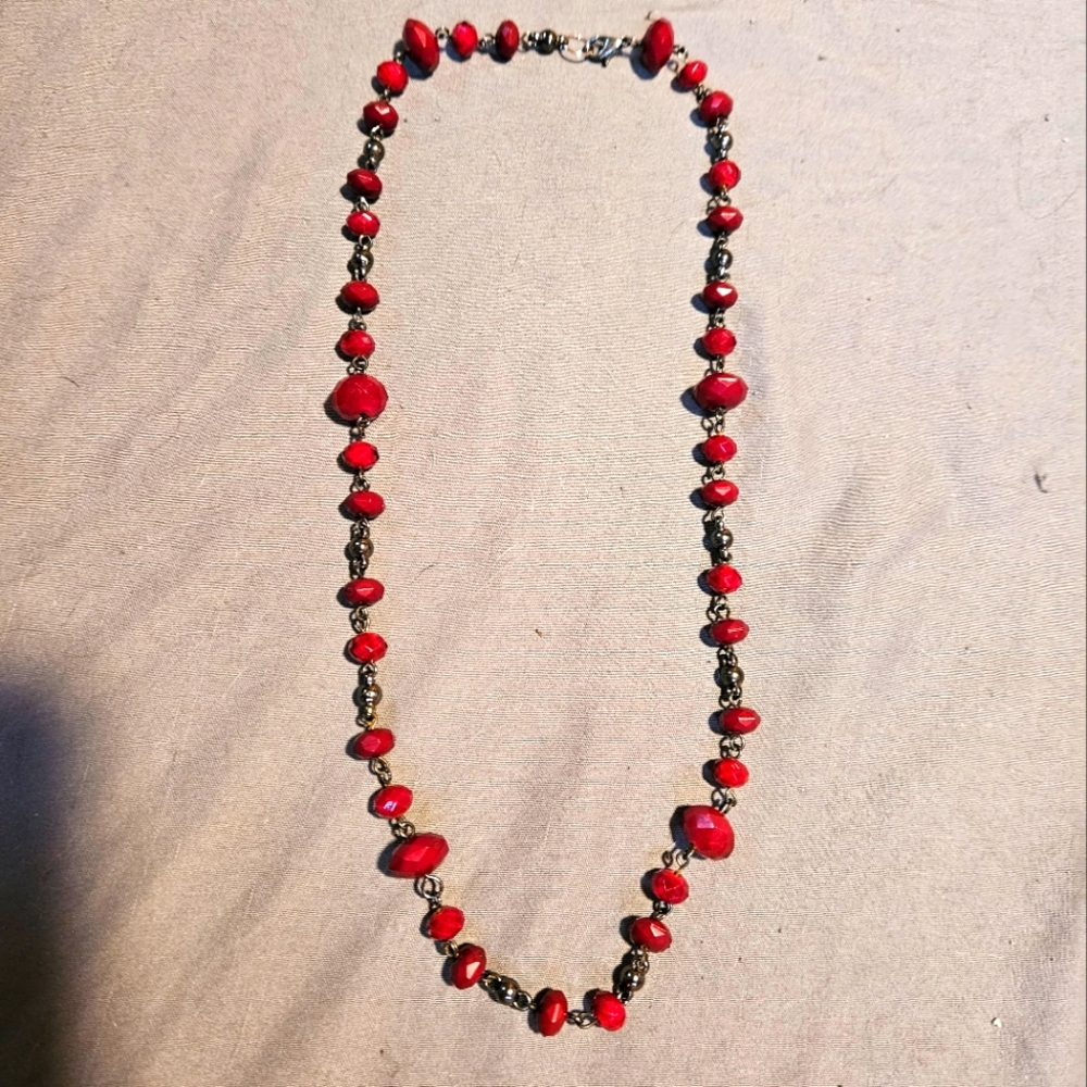 Handmade Red Plastic Bead And Chain Necklace